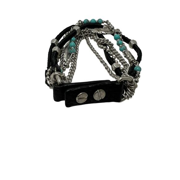 Womens Multi Strand Leather Bracelet Turquoise Beads Silver Chains 8.25in Boho - Picture 4 of 12